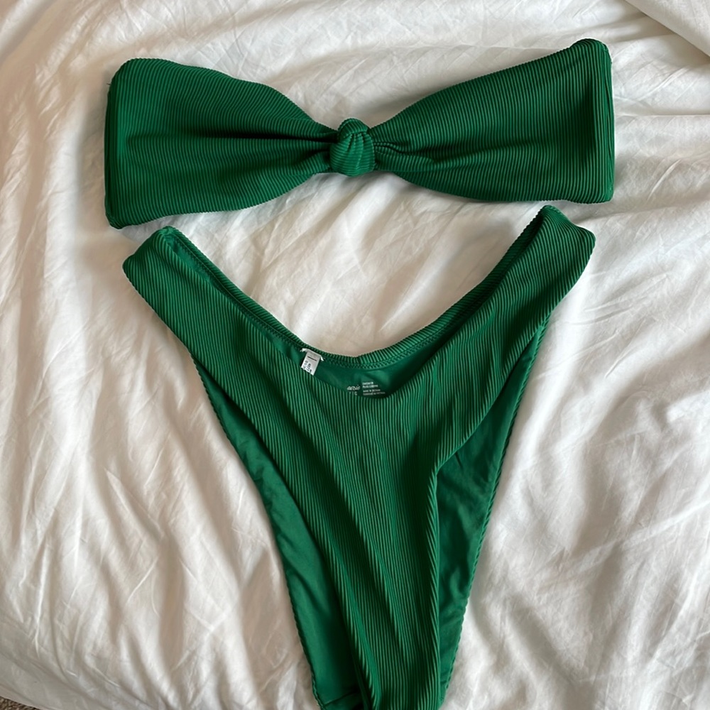 Large ribbed green Aerie strapless bikini set
